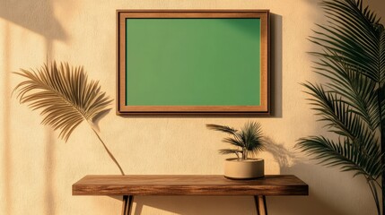A wooden frame with a green screen, placed above a small console table on a beige wall. 