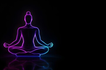 A striking image of a person in lotus pose outlined in neon orange and blue on a dark background.