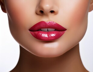 Obraz premium woman's lips macro with a touch of lipstick smeared on the side, conveying a playful and edgy vibe, set against a clean white background for a modern, stylish look