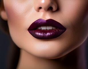 Fototapeta premium Woman with purple lipstick. Her lips are slightly open. Her teeth are visible