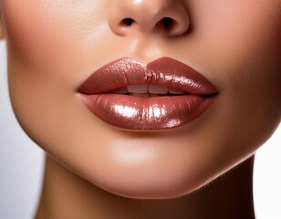 Fototapeta premium detailed image of a womans lips covered with a glossy lip treatment, highlighting the shine and texture of the gloss, shot in a beauty-focused style against a neutral backdrop