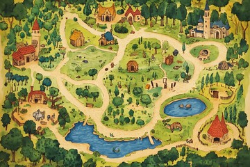 Fototapeta premium Fantasy Village Map Illustration