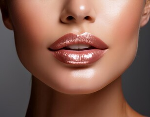 Detailed close-up of a woman's lips coated in a glossy lip treatment, emphasizing the reflective shine and smooth texture, captured in a beauty-focused style against a neutral background