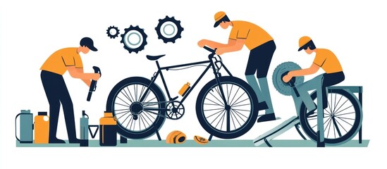 Three mechanics repairing and maintaining bicycles in a workshop.