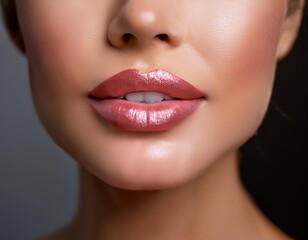 Obraz premium detailed close-up of a womans lips with perfectly applied lip liner and a layer of glossy finish, creating a defined, polished look on a clean background for a beauty-focused aesthetic
