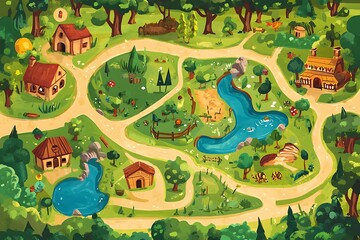 Cartoon Village Map Illustration
