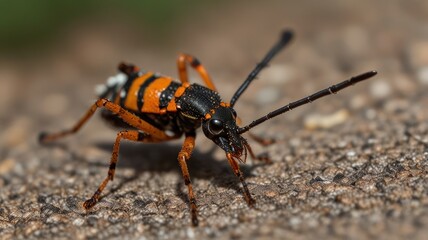 Fototapeta premium Close-up of a vibrant orange and black insect on a textured surface.