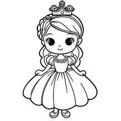 Fototapeta premium Coloring page for girls featuring a cute princess in a dress with a crown on her head. Printable and perfect for creative fun.