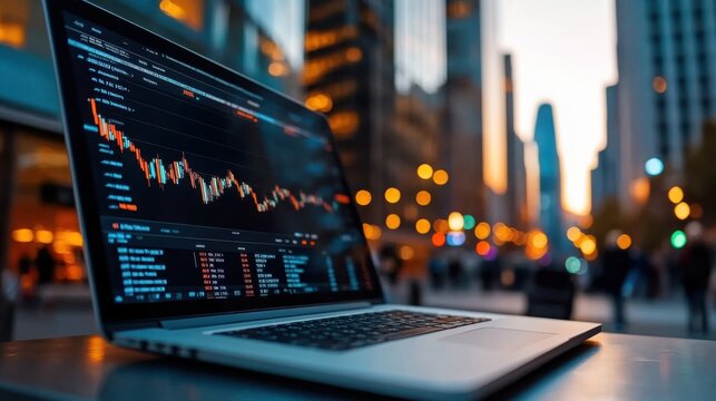 Evening Cityscape with Laptop Displaying Stock Market Data and Vibrant Urban Lights in the Background for Financial and Technology Themes