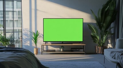Fototapeta premium A TV with a green screen on a simple metal TV stand in a modern bedroom.