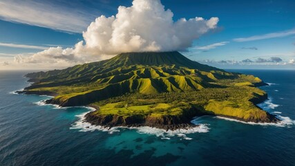 a breathtaking, hyper-realistic aerial photograph of a volcanic island, vividly captured with cinematic flair, surrounded by an endless expanse of deep turquoise ocean waves that crash a