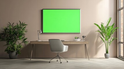 A TV with a green screen placed above a sleek fireplace in a high-end living space