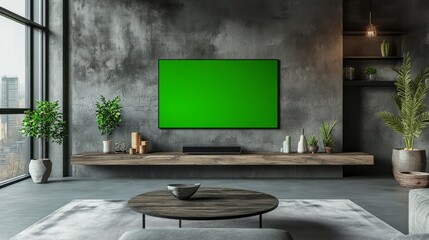 A TV with a green screen placed above a sleek fireplace in a high-end living space