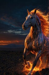 A fiery horse galloping through volcanic terrain, its mane and tail made of glowing flames. Sparks fly around, and within the flames, glowing digital lines and streams