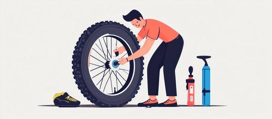 Man repairing bicycle wheel with pump.