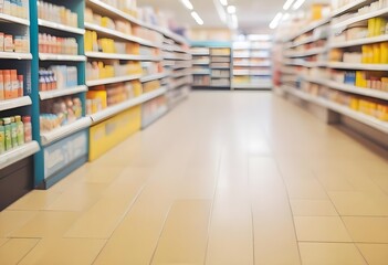Blurred convenience store with shelves stocked with various products, tiled floor in the foreground