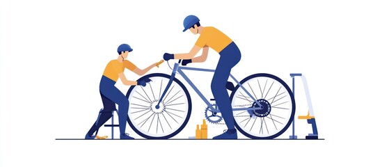 Obraz premium Two cyclists repairing a bicycle tire together.