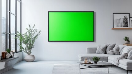 A wide, minimalist frame with a green screen, placed in a cozy living room on a cream wall