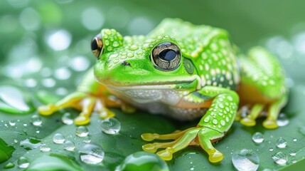 Obraz premium Green tree frog on dew-covered leaf.