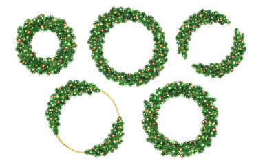 Christmas wreaths with colorful red and green Christmas lights. Christmas tree decoration. Holiday fir tree garland. Festive winter season frame, spruce branches. Transparent background in vector file