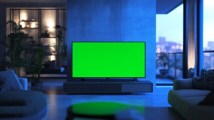 Fototapeta premium A small TV with a green screen in a minimalist room, placed on a modern table