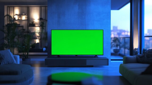 A small TV with a green screen in a minimalist room, placed on a modern table
