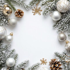 Festive decoration layout with silver and gold ornaments set against a snowy background for holiday celebrations