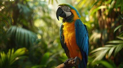 Fototapeta premium Vibrant blue-and-gold macaw perched on branch in lush tropical foliage.