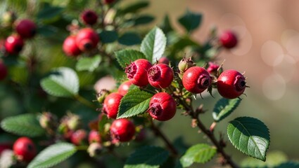Obraz premium Close-up of vibrant red rose hips on branch with green leaves in sunlight