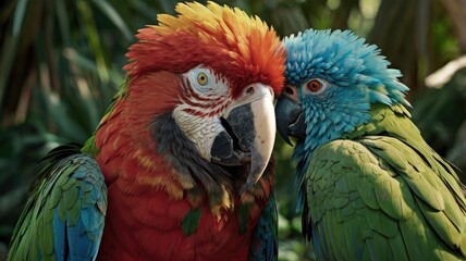 A majestic hybrid of a parrot and a lion, featuring the vibrant feathers of a tropical parrot in shades of green, blue, and red. Its head is a lion&rsquo;s with a golden mane blending seamless