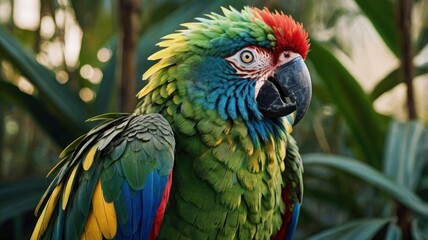Fototapeta premium A majestic hybrid of a parrot and a lion, featuring the vibrant feathers of a tropical parrot in shades of green, blue, and red. Its head is a lion’s with a golden mane blending seamless