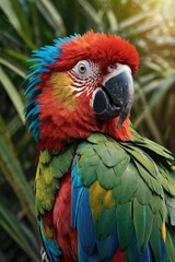 Fototapeta premium A majestic hybrid of a parrot and a lion, featuring the vibrant feathers of a tropical parrot in shades of green, blue, and red. Its head is a lion’s with a golden mane blending seamless
