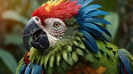 Obraz premium A majestic hybrid of a parrot and a lion, featuring the vibrant feathers of a tropical parrot in shades of green, blue, and red. Its head is a lion’s with a golden mane blending seamless