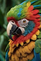 Obraz premium A majestic hybrid of a parrot and a lion, featuring the vibrant feathers of a tropical parrot in shades of green, blue, and red. Its head is a lion’s with a golden mane blending seamless
