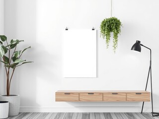 A realistic poster mockup hanging on clips on a white wall in a modern home setting, poster, modern
