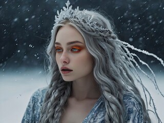 A majestic, ethereal ice queen with piercing orange eyes that seem to burn with an inner fire, adorned in intricately designed silver and black robes with delicate frost-like patterns, her long