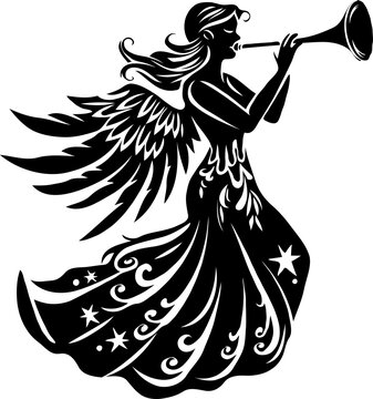 recommend clip art: Silhouette Christmas angel playing a trumpet. The angel is wearing a dress and has wings.