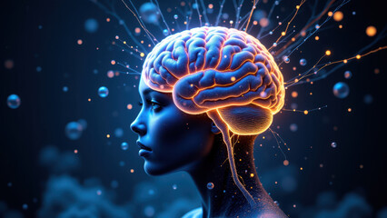Artificial General Intelligence visualized as a brain emanating bright energy bursts from within.