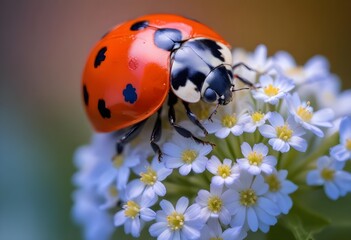 A red ladybug on flowers, with a blurred background