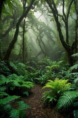 Fototapeta premium A misty rain forest scene with lush green foliage, vines, and epiphytes, illuminated by dappled sunlight filtering through the canopy above, casting intricate shadows on the forest floor