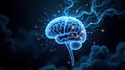 Fototapeta premium A vivid representation of artificial general intelligence with a glowing brain amidst abstract elements.