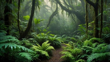 Fototapeta premium A misty rain forest scene with lush green foliage, vines, and epiphytes, illuminated by dappled sunlight filtering through the canopy above, casting intricate shadows on the forest floor