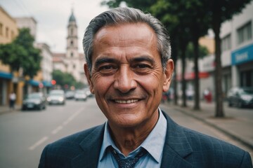 Obraz premium Close portrait of a smiling senior Guatemalan businessman looking at the camera, Guatemalan big city outdoors blurred background