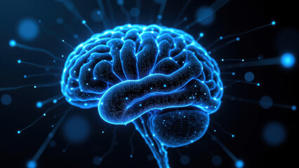Obraz premium Illustration of human brain with digital representations of neurons and synapses, symbolizing artificial general intelligence (AGI).