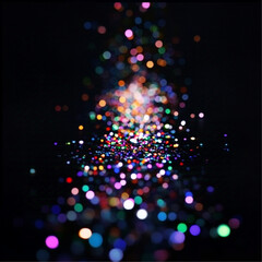 Colored Christmas lights bokeh in the shape of a Christmas tree on a black background.
