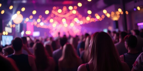 Naklejka premium Hipster crowd dancing at a festival event with blurred background, urban, event, bokeh