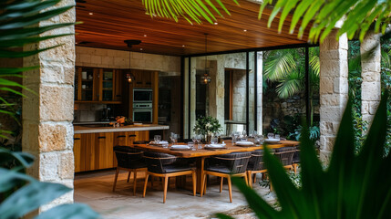 Tropical Outdoor Dining Under Wooden Pergola with Lush Garden