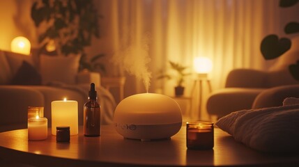 Aroma diffuser with candles and essential oils on a coffee table at night.