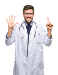 Young handsome doctor man over isolated background showing and pointing up with fingers number six while smiling confident and happy.