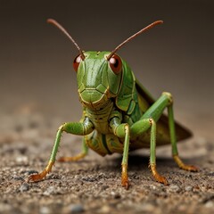 Fototapeta premium Close-up of a vibrant green grasshopper on the ground. (1)